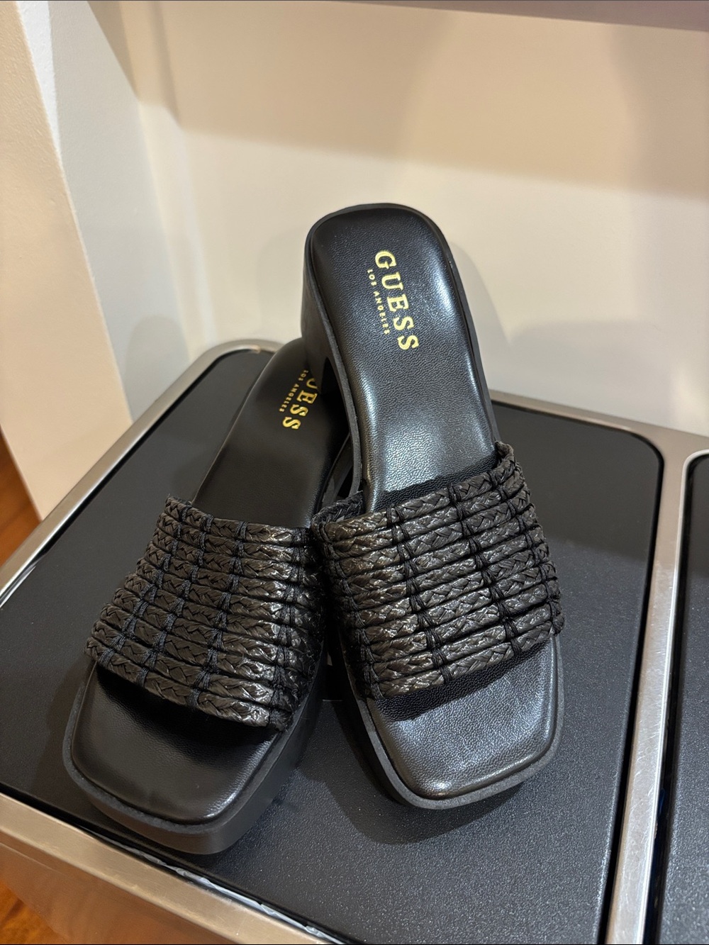 GUESS Black Woven Slide Mules